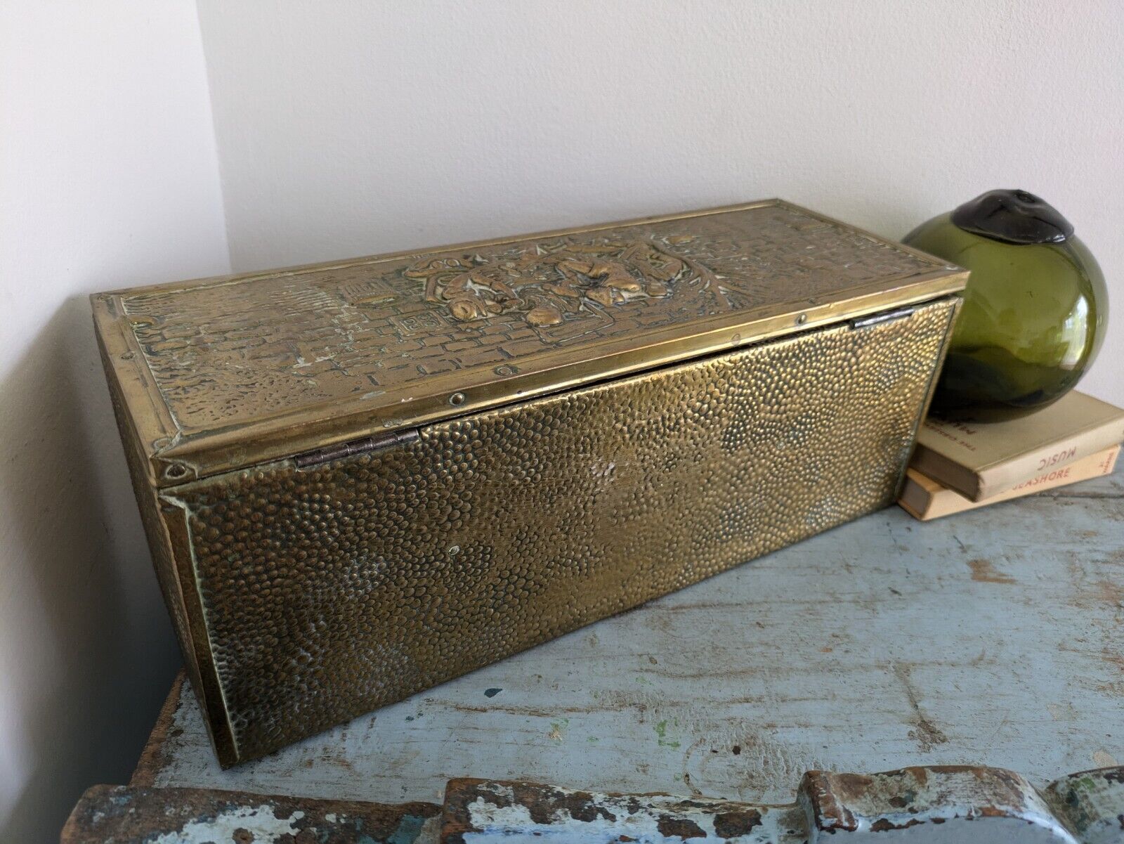 Antique 19th Century Vintage Embossed Brass and Wood Slipper Box Narrow Storage 