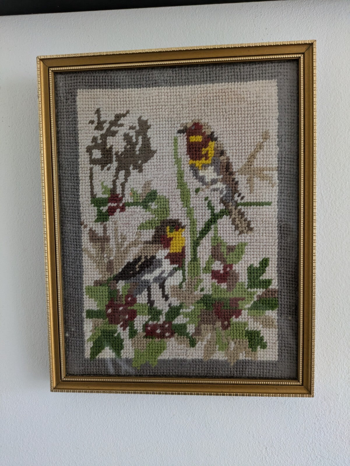 Framed Winter Tapestry Picture Birds Berries Vintage Flowers Needlepoint Kitsch