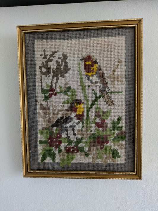 Framed Winter Tapestry Picture Birds Berries Vintage Flowers Needlepoint Kitsch