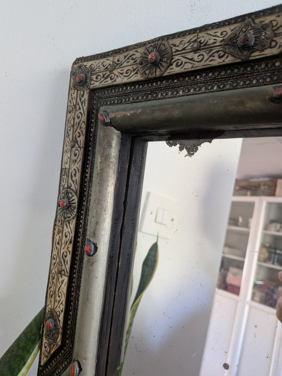 Vintage Ancient Handmade Moroccan Wall Mirror Brass Bone Camel Inlaid Mosaic XL 