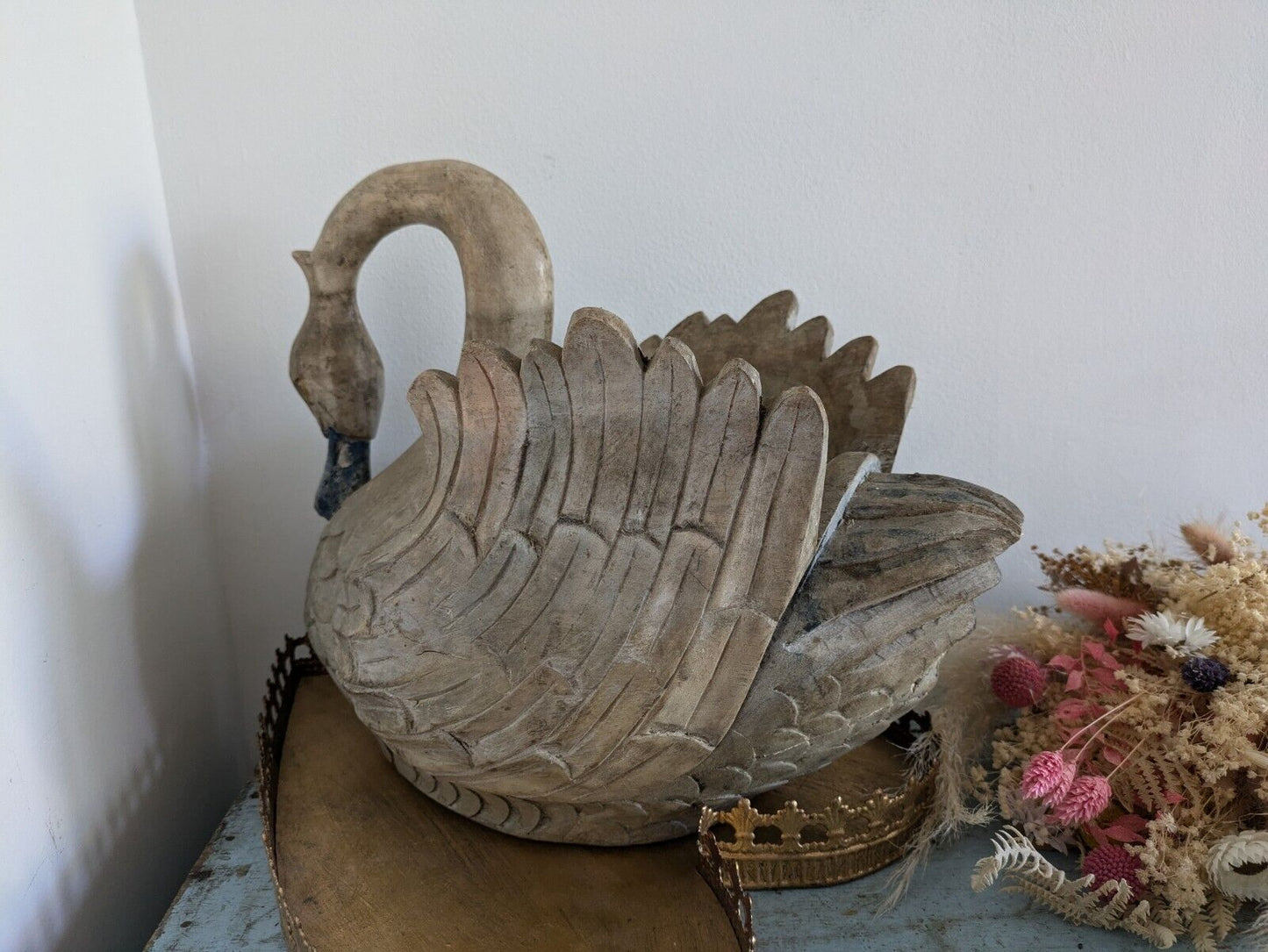 Carved Wood Swan Decoy Vintage Large Painted Solid Wood Planter Decor Time Worn