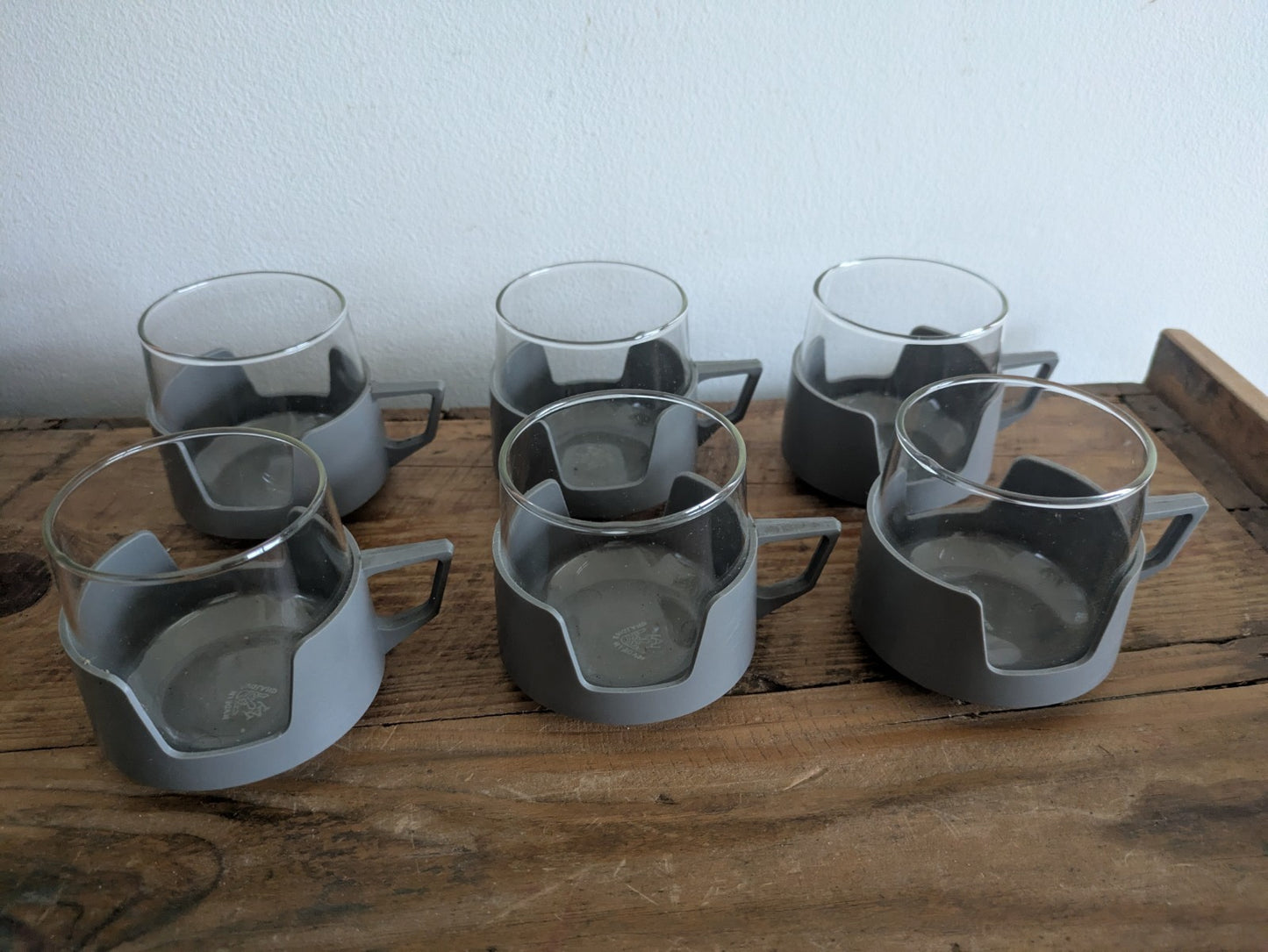 6 Grey Drink Mugs Cups Vintage JAJ Pyrex Camping Caravan Camper Picnic Set Retro