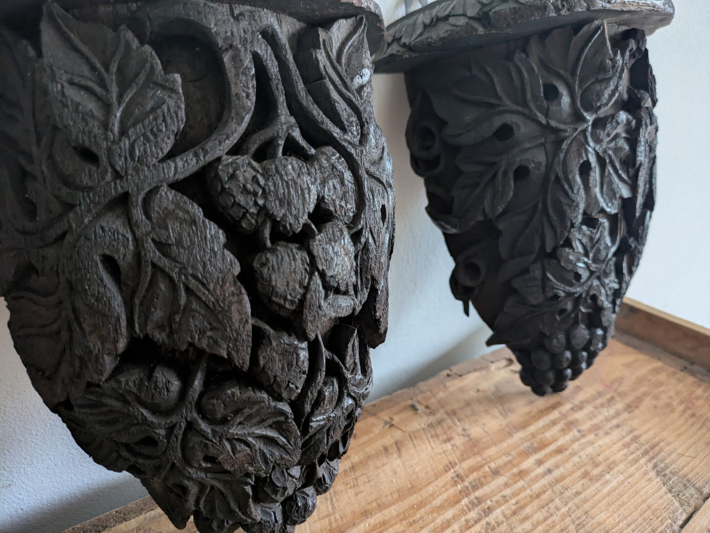 Antique Pair Carved Wall Hanging Shelf Sconce Decor C1880 Demi Lune Rare Vtg 
