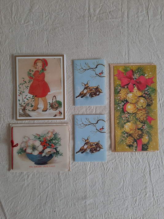 5 original vintage unused Christmas cards 1930s deco bell floral Snow Deer Baird