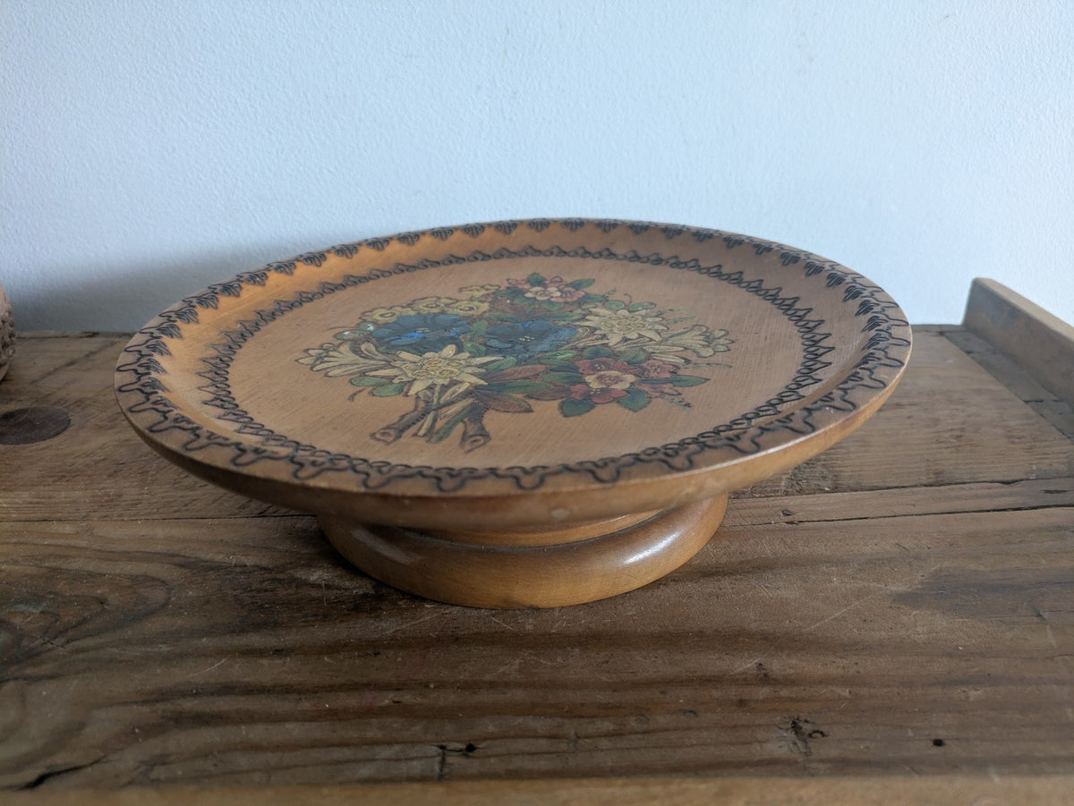 Vintage Hand Carved Wood Rotating Pedestal Plate Alipine Flowers Music Song Vgc