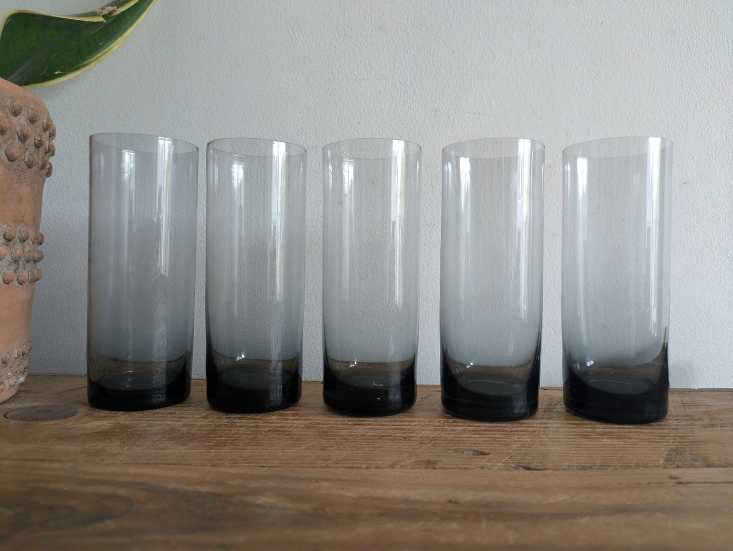 Vintage Smoked Glass Tumblers Set of 5 Mid-Century - Tall Drinking Glasses MCM 