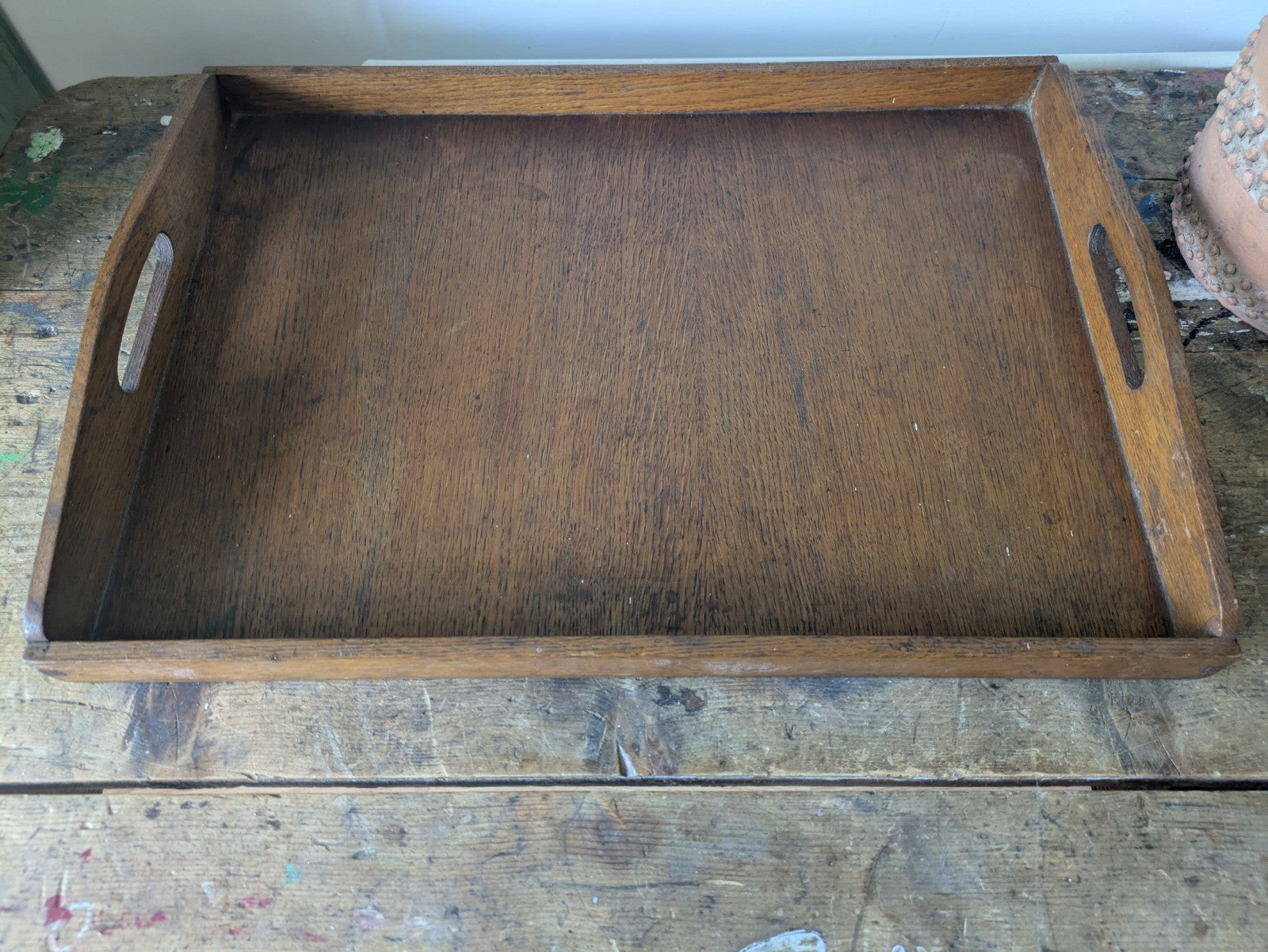 Vintage Antique Oak Wood Butlers Serving Tray with Handles Inset Prop Tea Dinner
