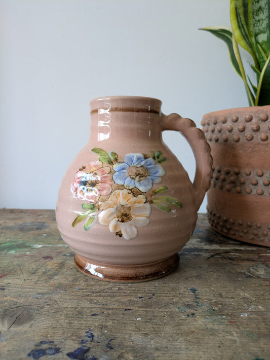 Beautiful vintage Bourne Denby stoneware floral jug/vase Pink Dogwood Ribbed Vgc