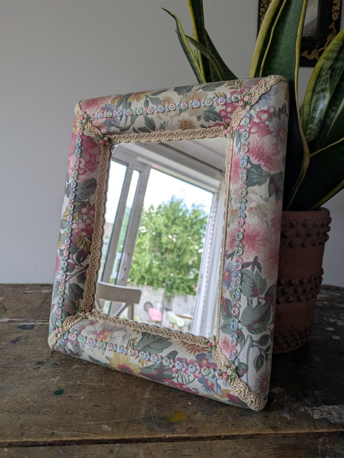 80s 90s Wall Mirror Fabric Floral Vintage Flowers Pink Rectangular Padded Chintz