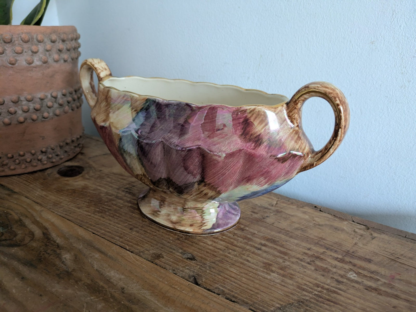 Large Lustre Ceramic Vase Old Court Ware Mantle Handled Brush Stroke Pattern Vtg