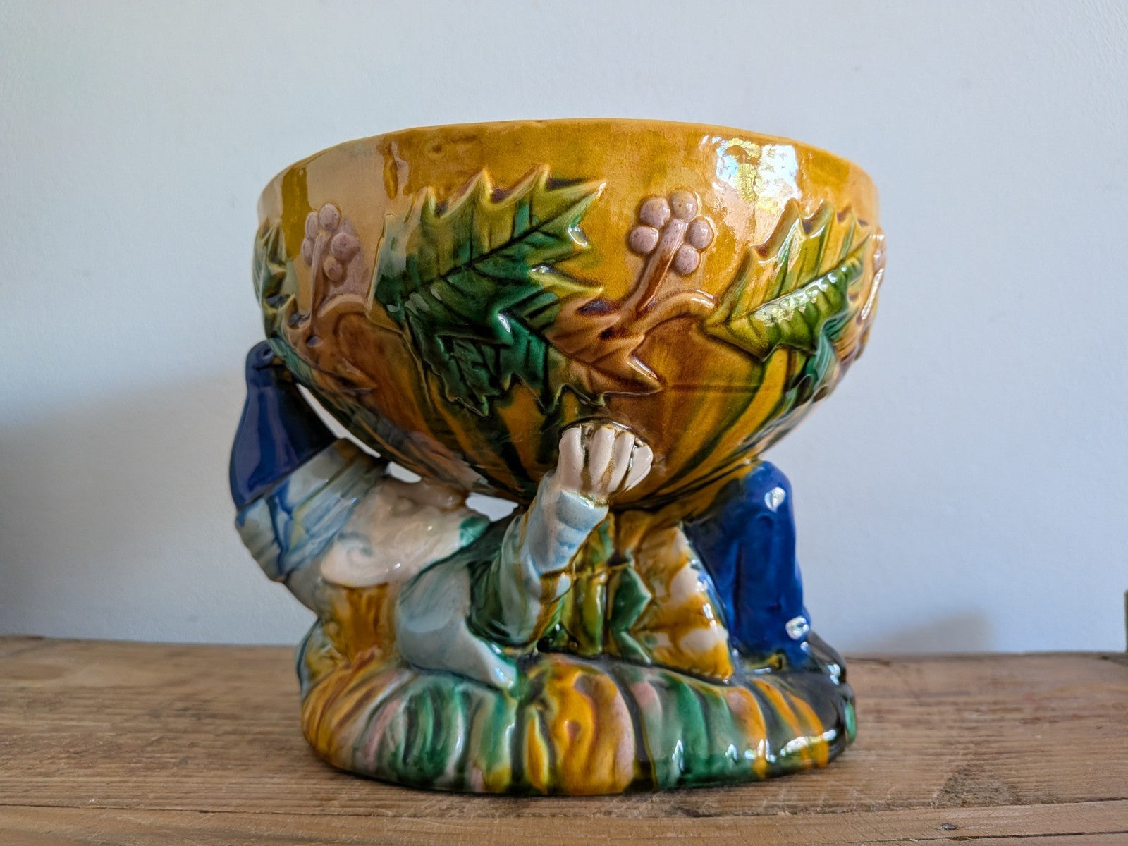 Vintage George Jones Majolica “MR Punch” Punch Bowl Christmas Table Gnome Dwarf