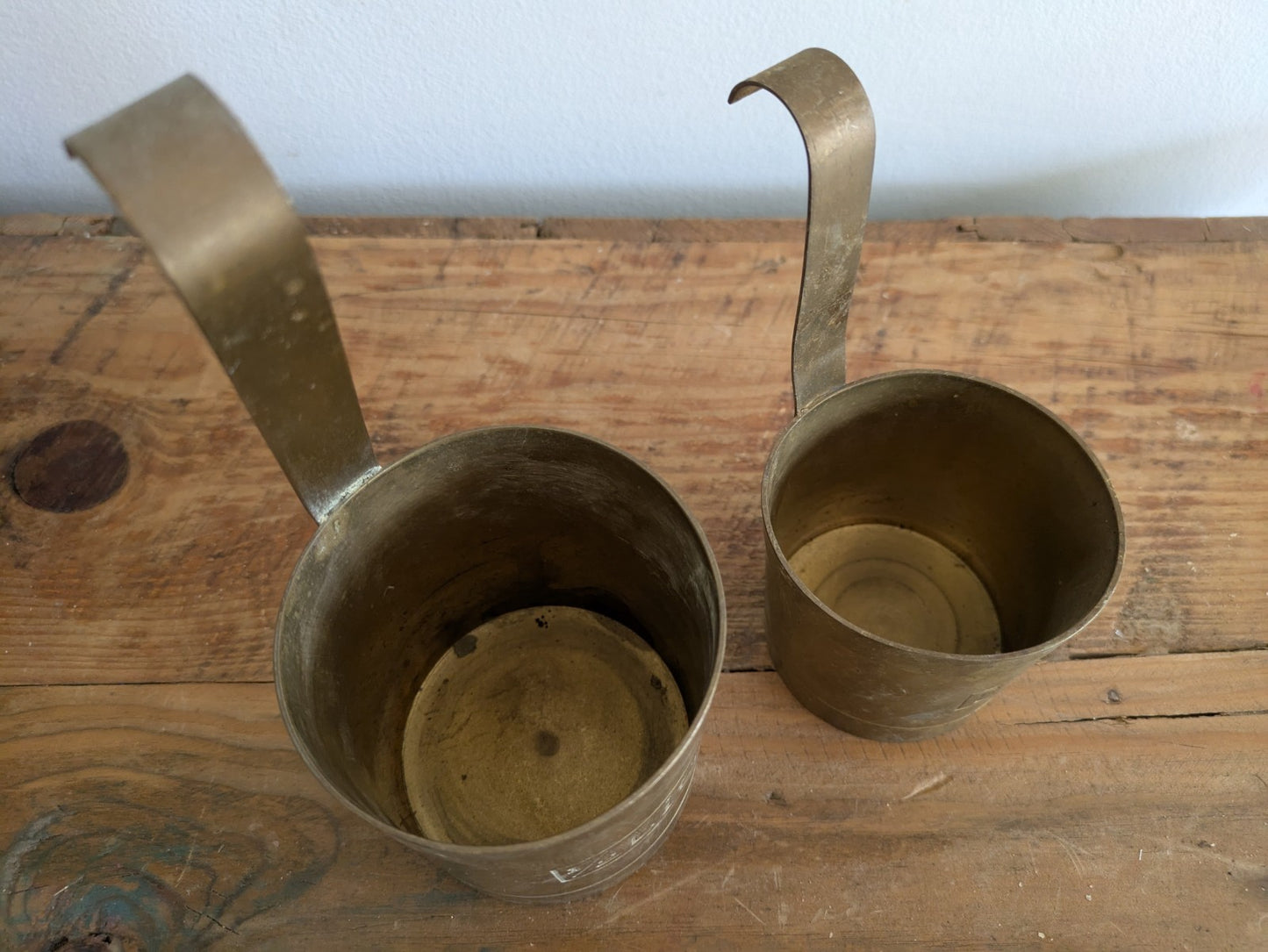 Set 2 Measuring Cups. Brass. Hanging Hooks. Vintage Planters x2 Milk Pots Props