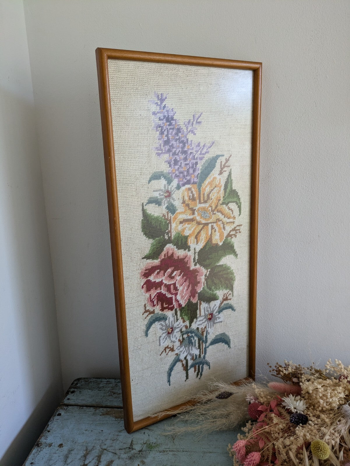 Framed Rose Tapestry Picture Floral Display Vintage Flowers Needlepoint Kitsch!!