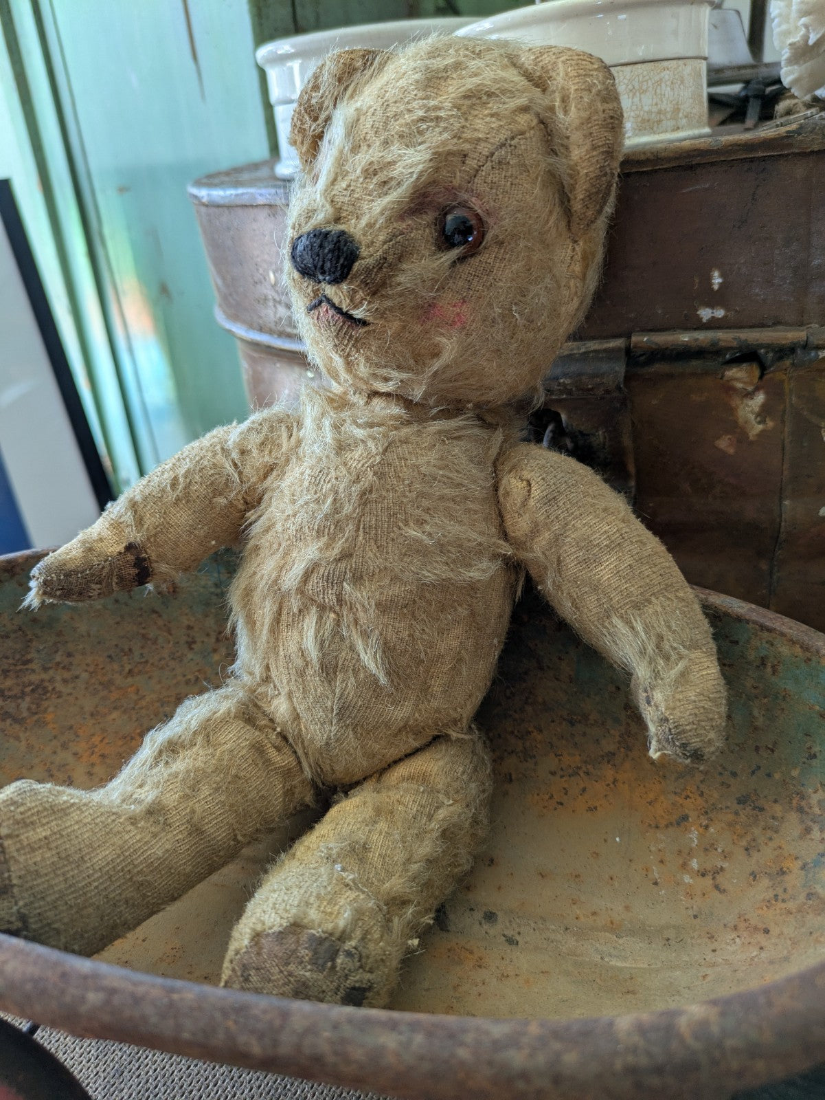 Antique Small Jointed Old Mohair Teddy Bear straw stuffed vintage RARE worn toy