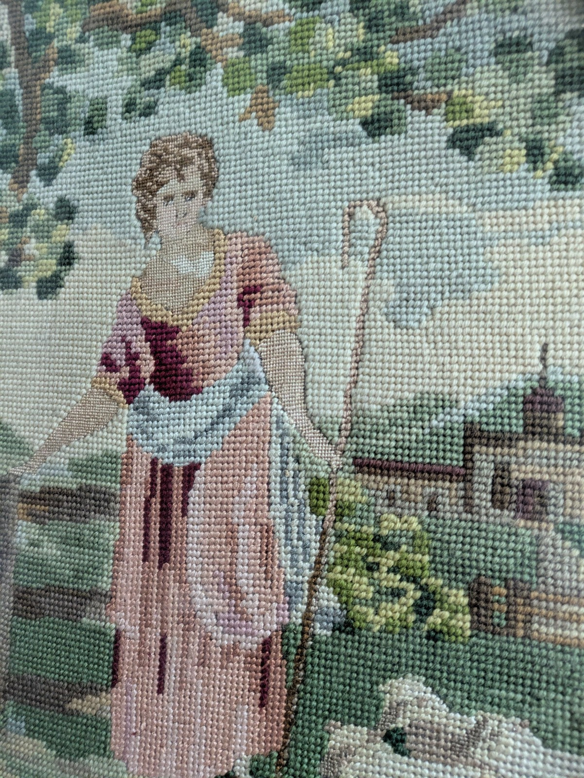 Antique Oval Vintage Framed Handmade Wool Needlepoint Tapestry Shepherdess Sheep