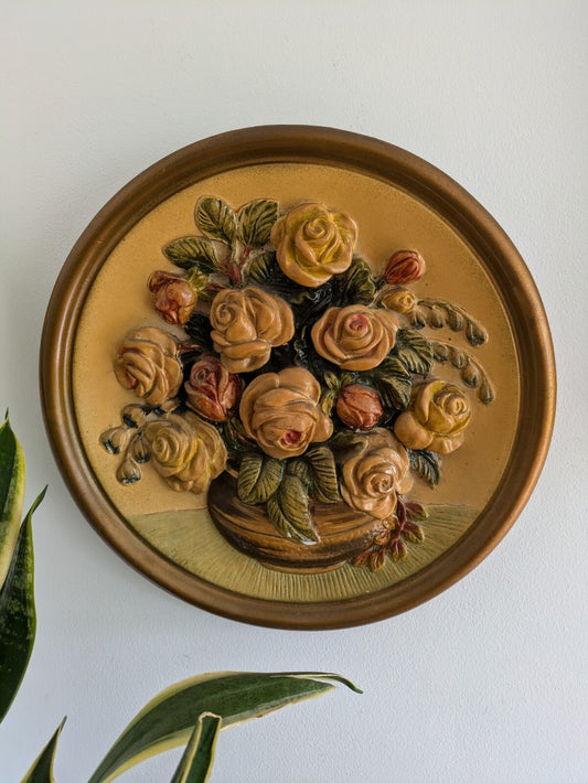 VTG 30s 36.8cm Gold Floral Hand Painted Chalkware Plaque 3D Plate Flowe Bouquet 