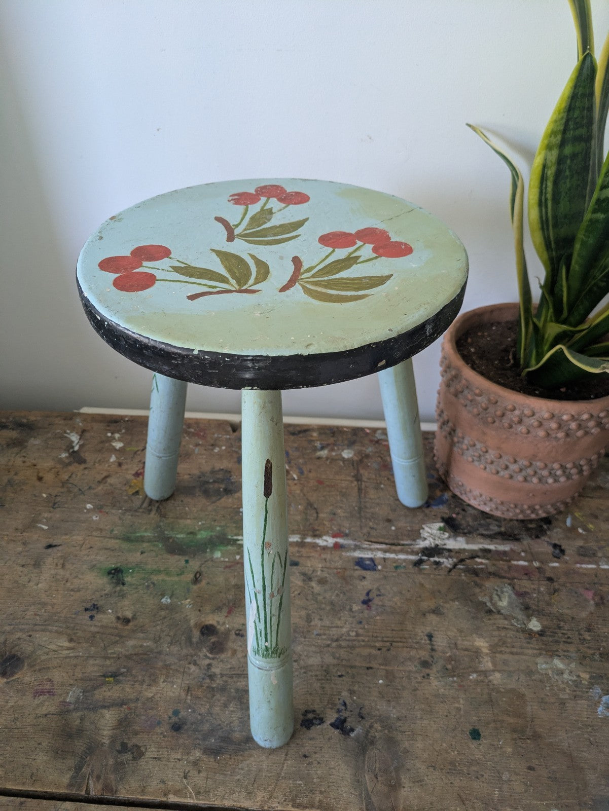 Vintage Stool Folk Art Hand Painted Cherries Blue Chippy Original Antique Tripod