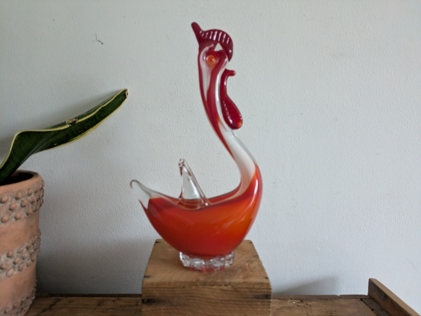 Murano Sommerso Art Glass Figure Red White Rooster Chicken Hen Bird Figure MCM