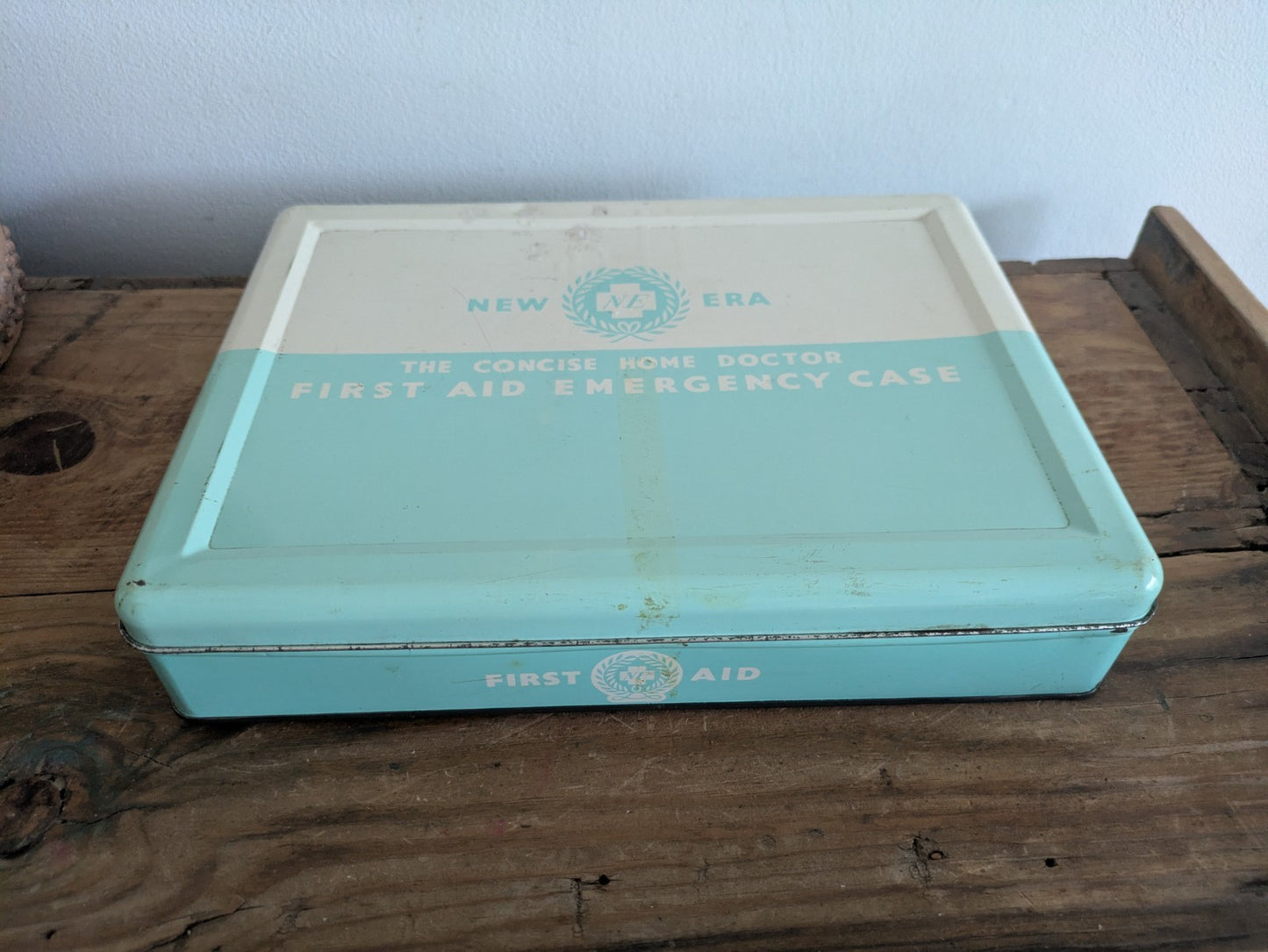 Vintage New Era First Aid Tin Metal Box Storage Prop Medical Retro Bathroom Old