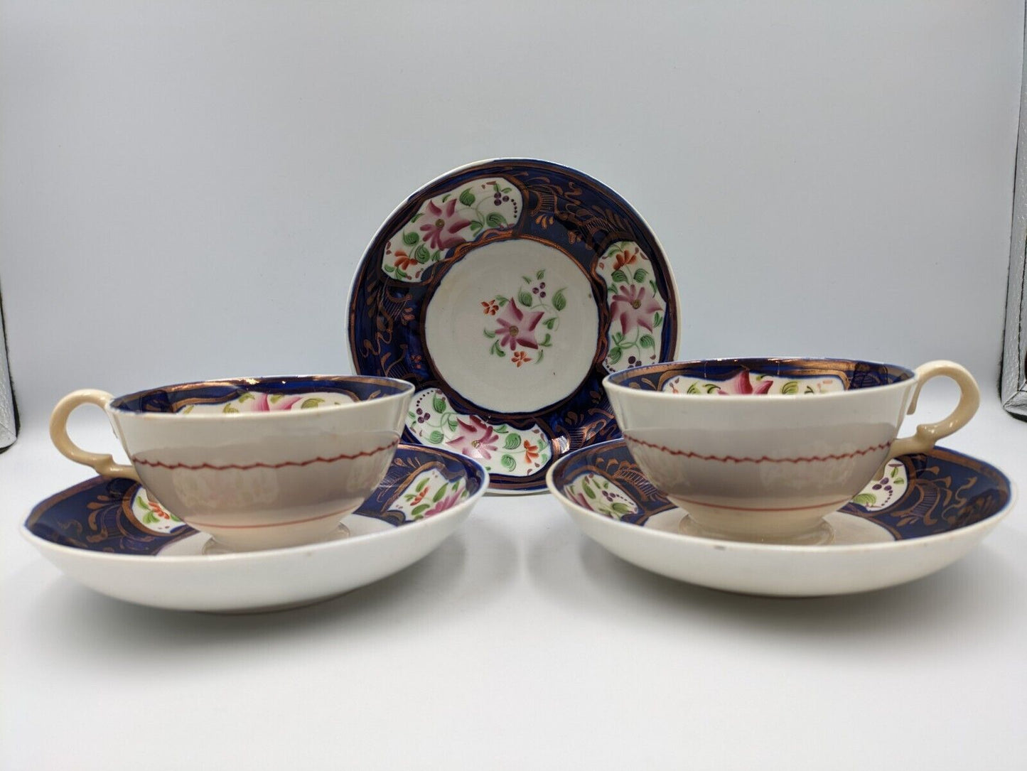 ANTIQUE Mid 1800’s ENGLISH GAUDY WELSH TEA CUPS SAUCERS DUOS COBALT BLUE COPPER 