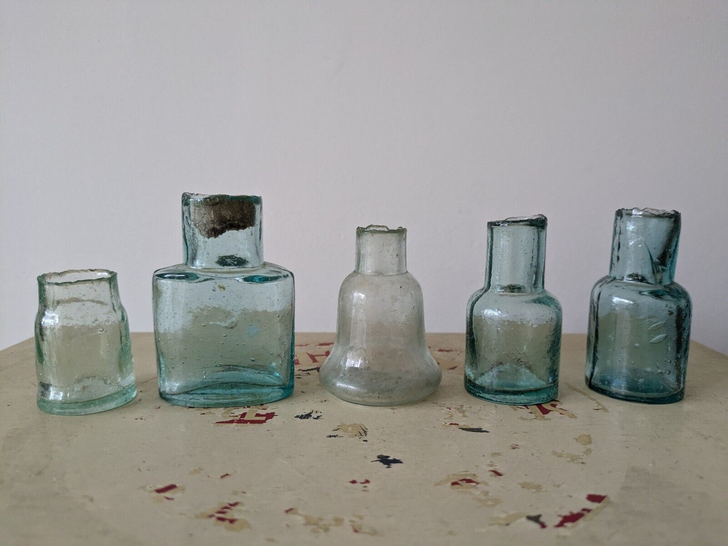 5x Antique Vintage Glass Bottles vase flower original apothecary ink old Teal