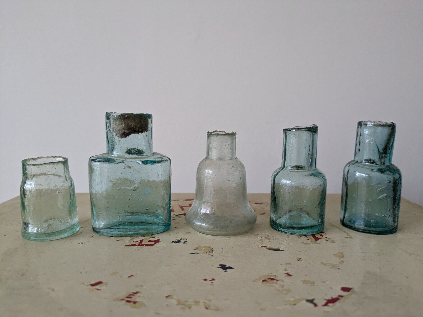 5x Antique Vintage Glass Bottles vase flower original apothecary ink old Teal