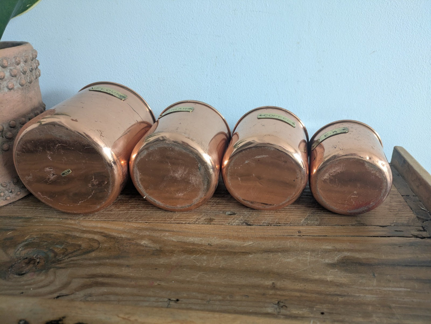 Vtg Copper 4 Nesting Kitchen Canisters MCM Farmhouse Flour Tea Coffee Sugar Prop