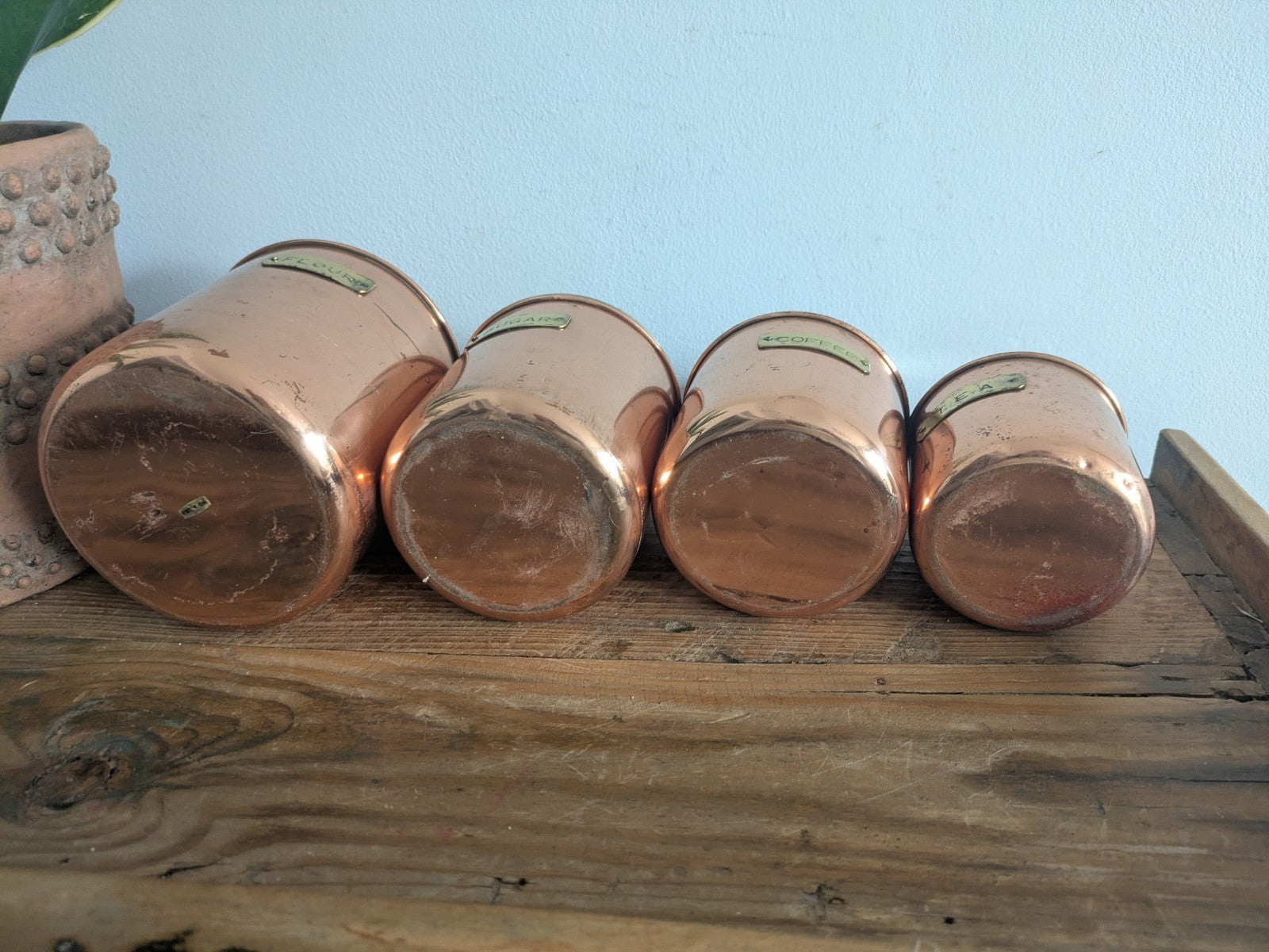Vtg Copper 4 Nesting Kitchen Canisters MCM Farmhouse Flour Tea Coffee Sugar Prop