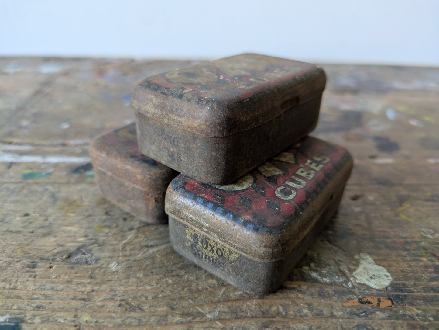 3x Vintage Miniature OXO Cubes Tins Small Rusty Kitchen Advertising Food Gravy 