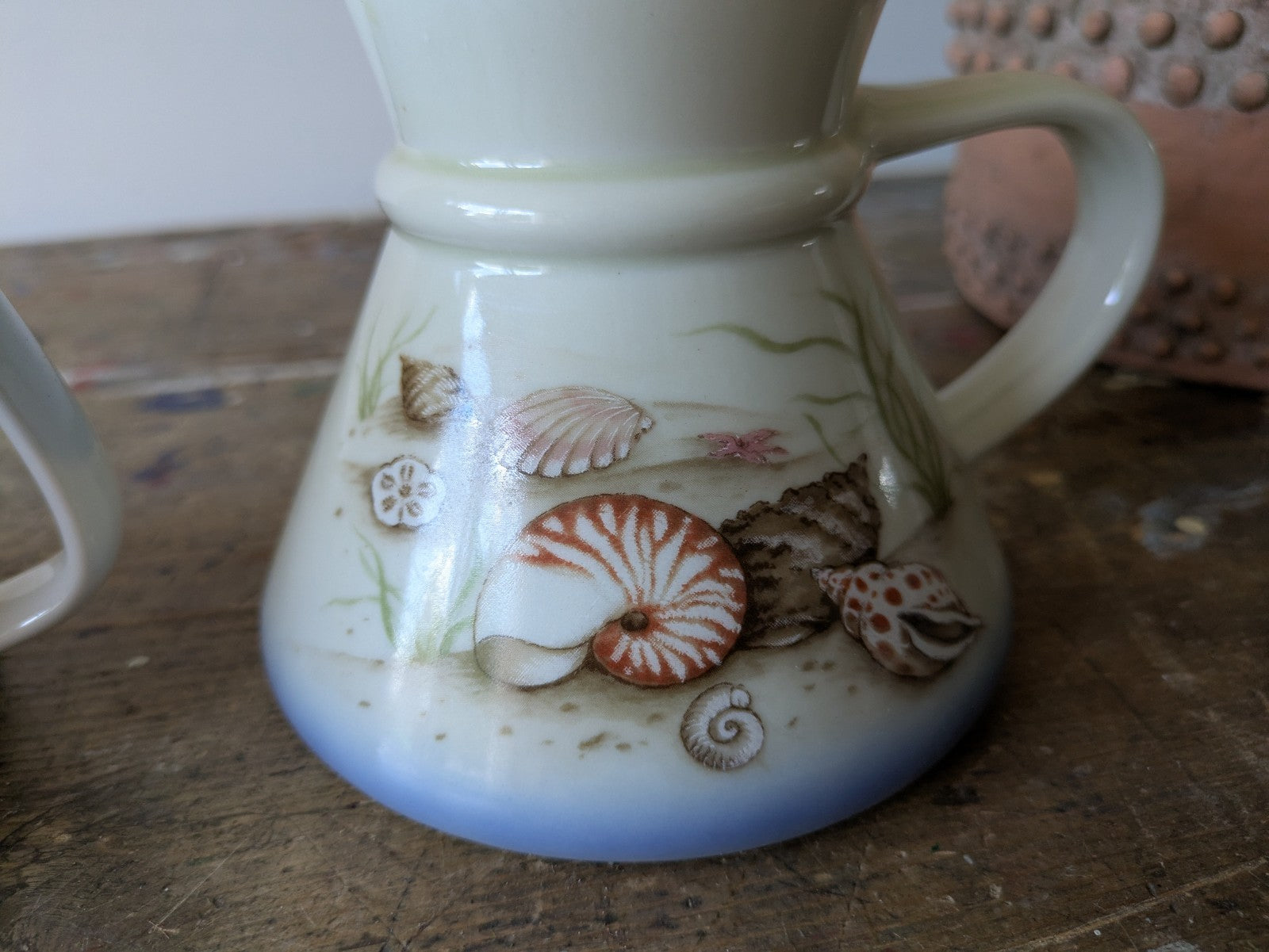 2x Beach Ocean Seashells Seaweed Ceramic Travel Mug No Spill Otagiri VTG Pair