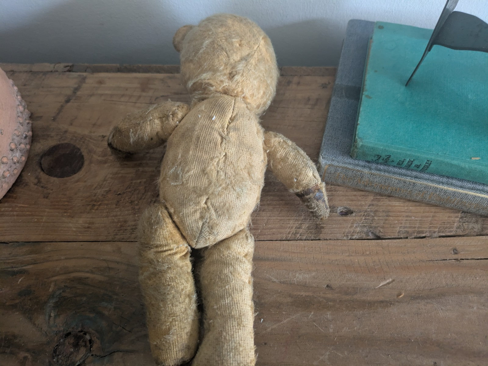 Antique Small Jointed Old Mohair Teddy Bear straw stuffed vintage RARE worn toy