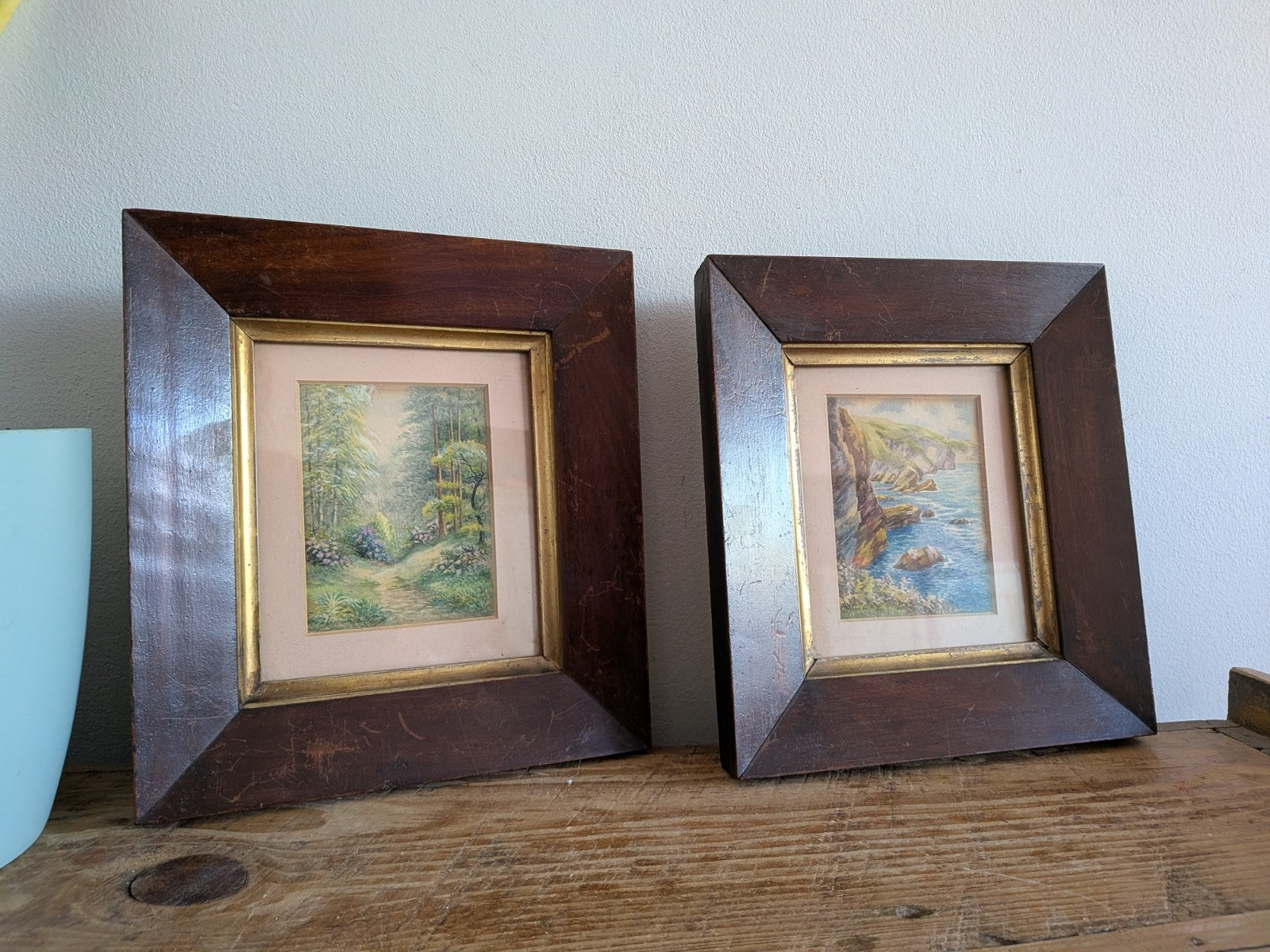 Pair Antique Framed Alan White Vtg Watercolour Signed Langcliff Woods Painting 