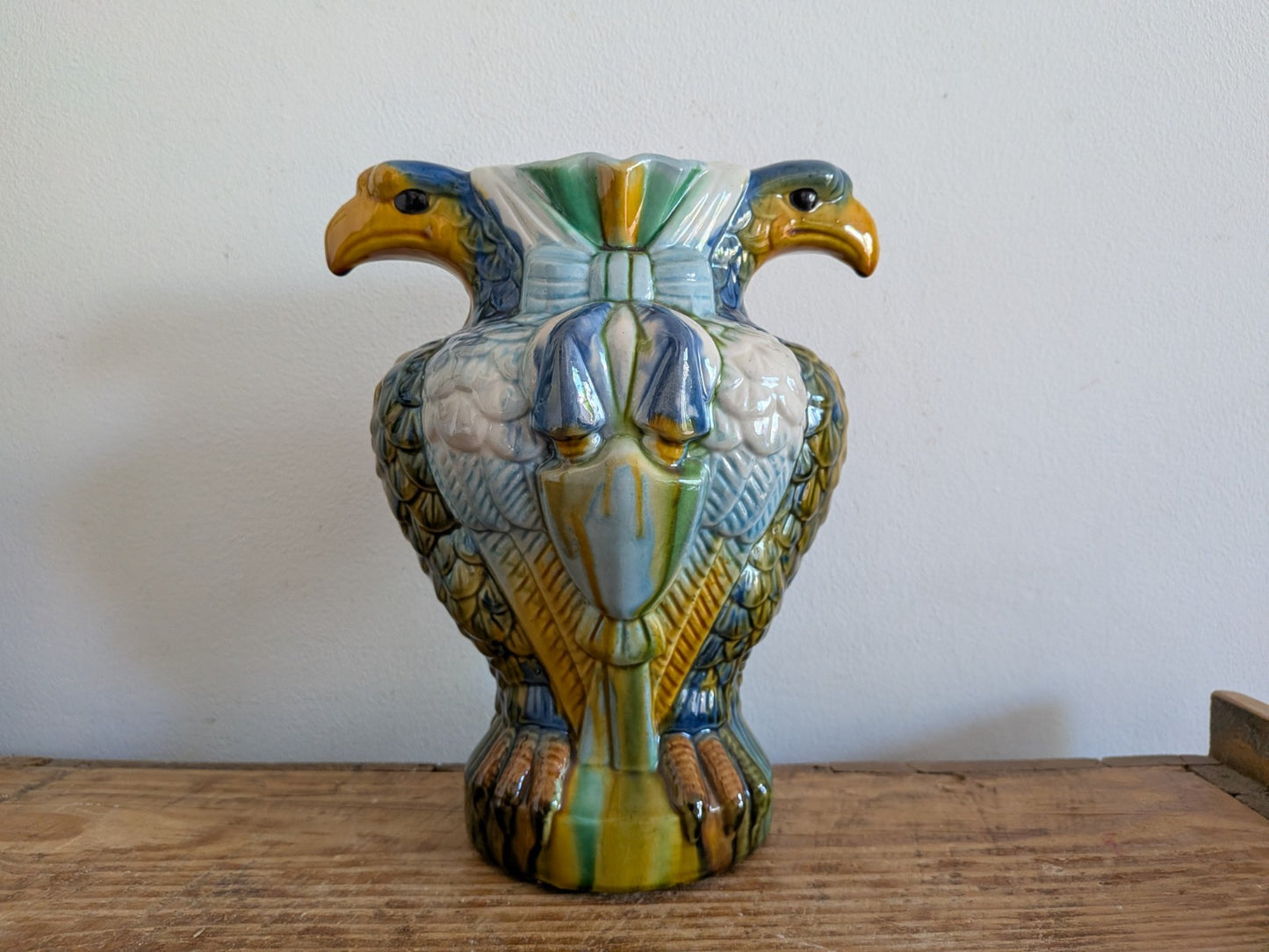 Vtg Mid Century Majolica Style Italian French Double Eagle Head Earthenware Vase