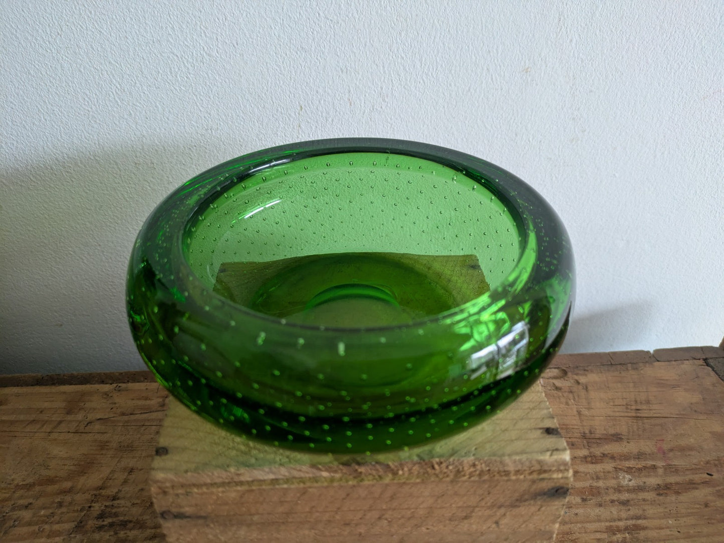 L Mid-Century Whitefriars Green Controlled Bubble Glass Ashtray/Bowl VTG Retro