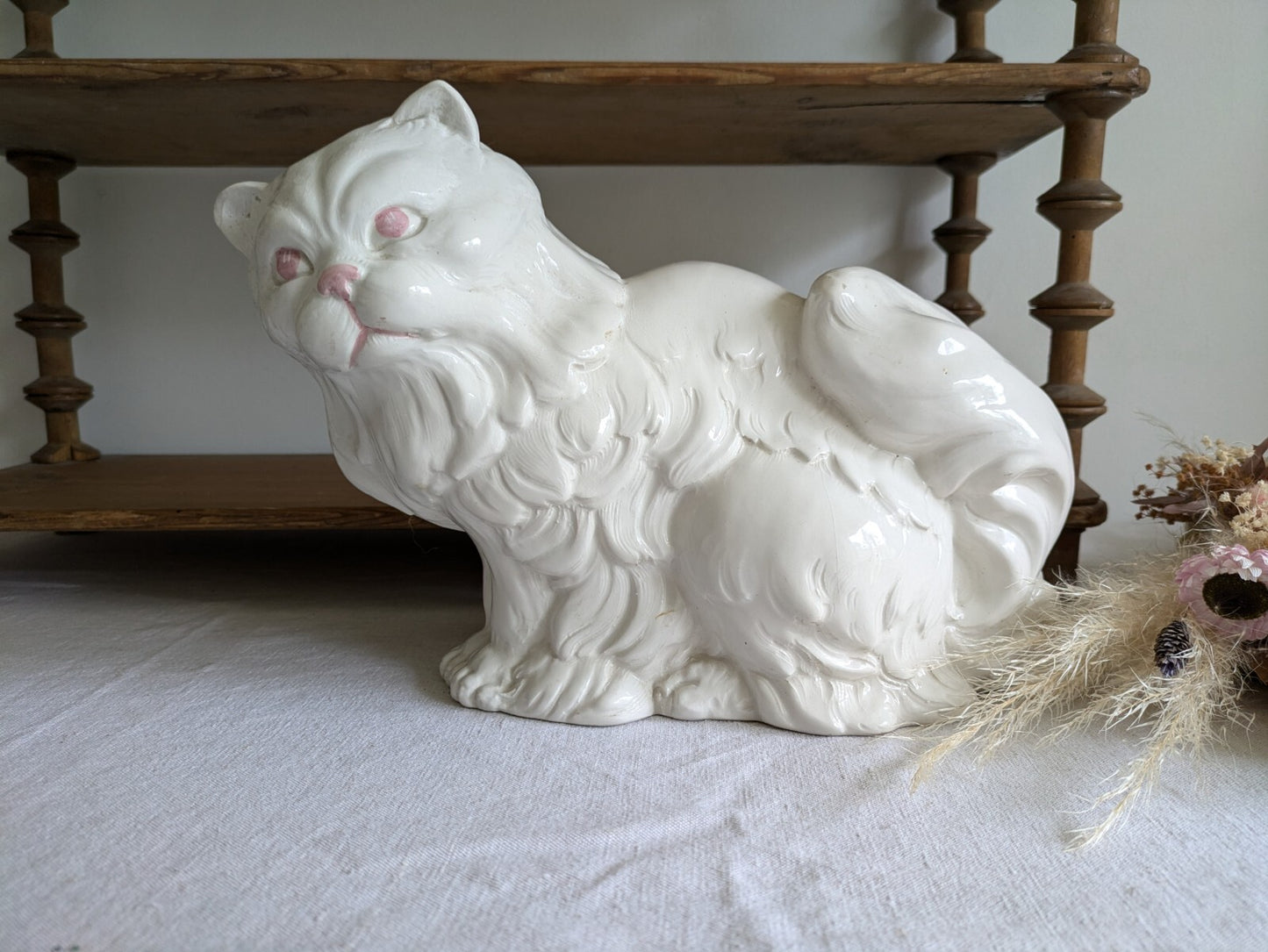 XL VTG Italy Ceramic White Persian Cat Statue Figurine Long Haired Ornament 70s