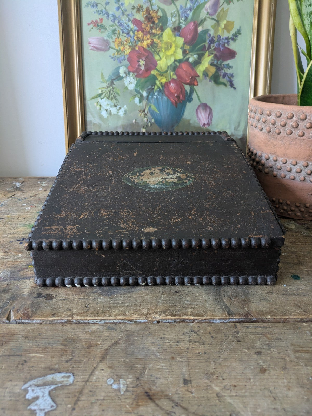 Antique Vintage Students Table Top Writing Slope Bobbin Small Box Stationary Old