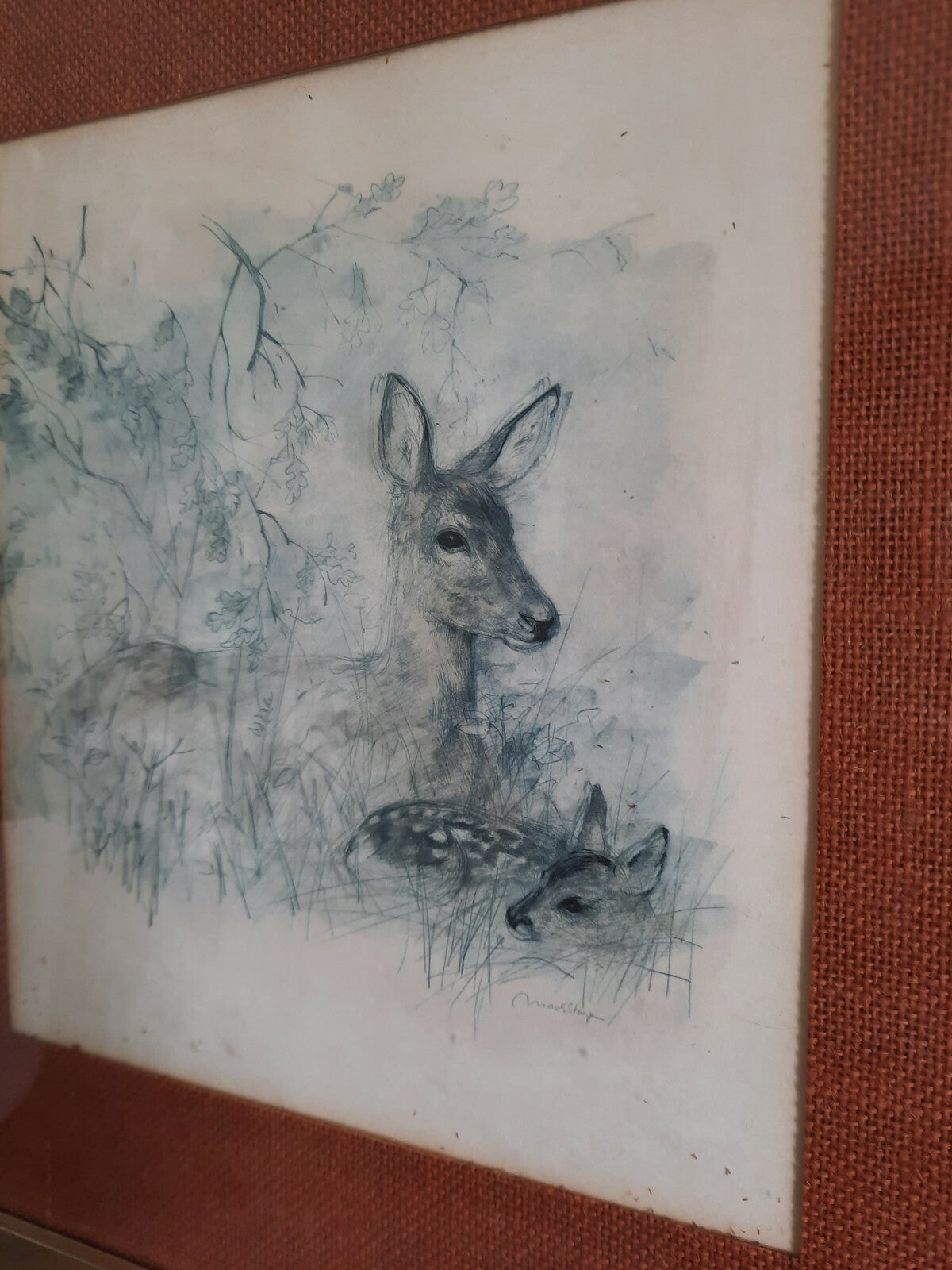  Vintage 1980's Picture Print.  Mads Stage. Danish Artist Deer Fawn Retro Nature