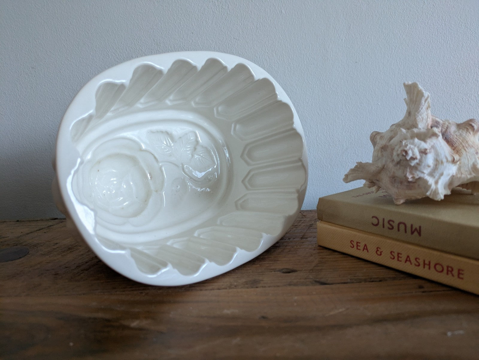 XL Antique White Jelly Mould Oval Ironstone with Rose Motif Victorian Impressed