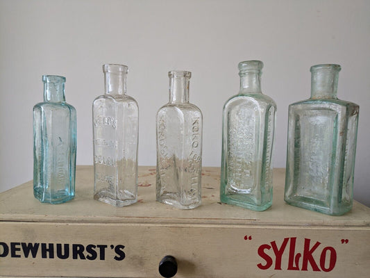 5x Antique Vintage Glass Bottles vase apothecary Cough Cure Koko Veno Hair Vgc