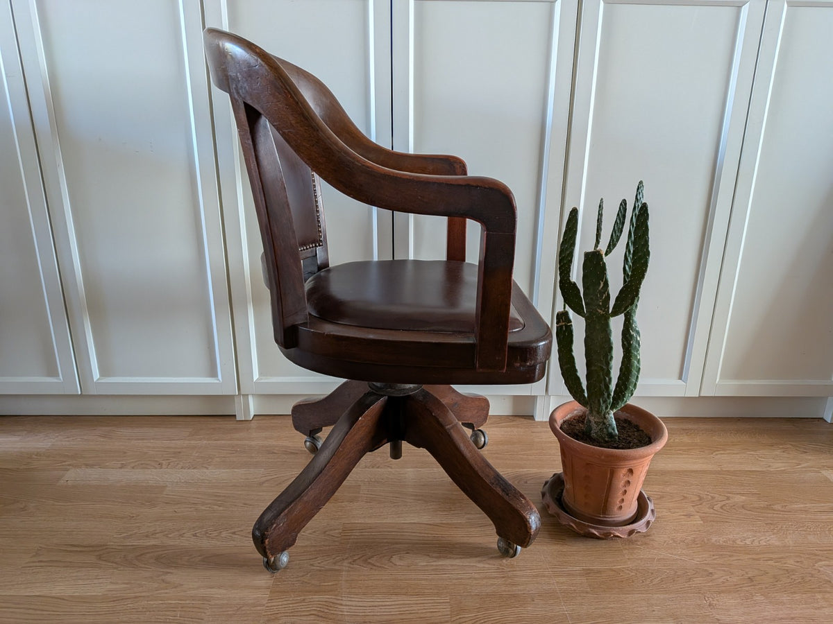 Swivel Office Desk Chair Oak Edwardian Antique Factory Captains Home Leather Vgc