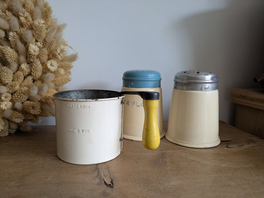 Tala Vintage Enamel Flour Sifter And Two Shakers Retro Kitchenalia Baking Prop
