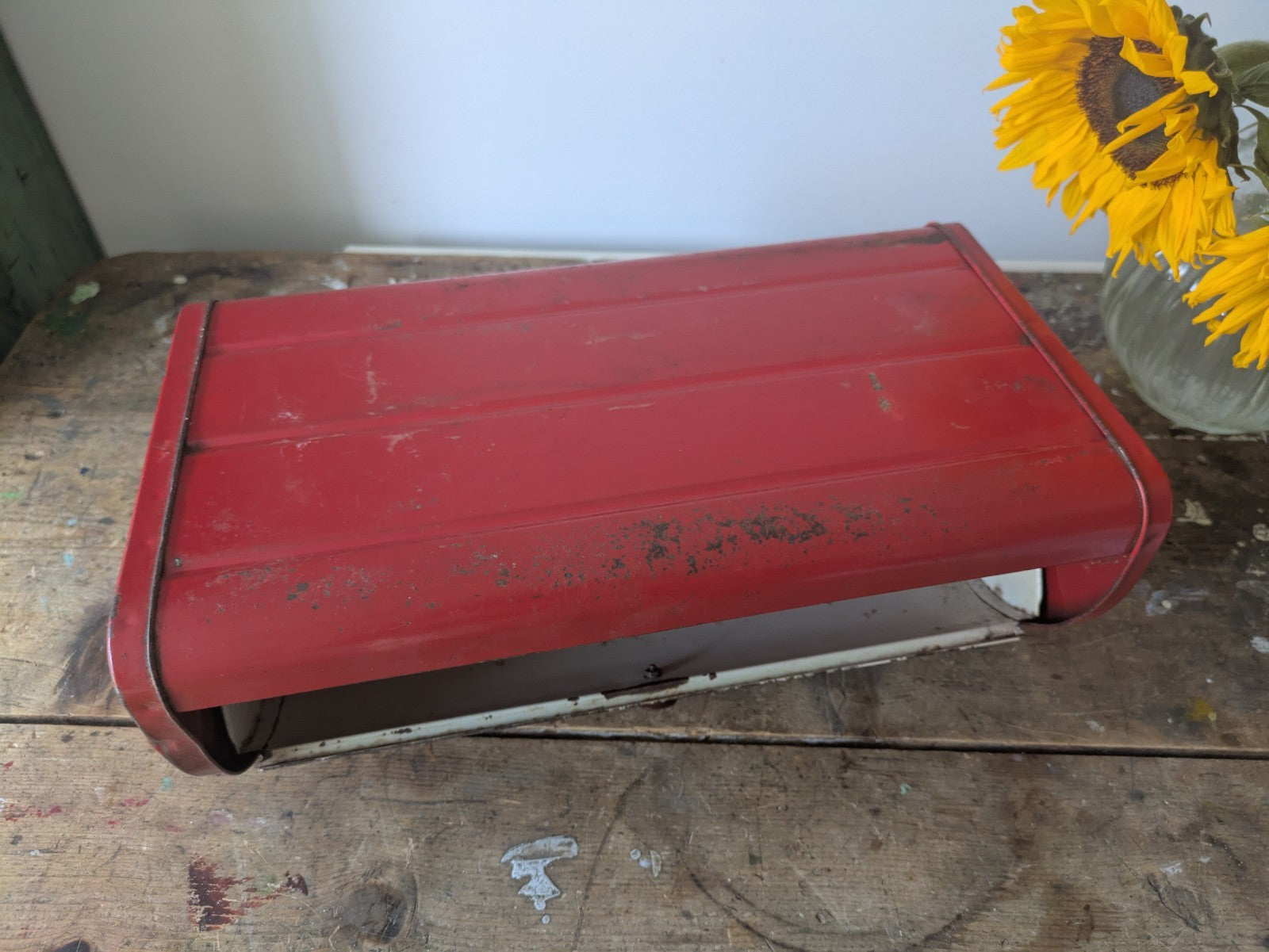 Vintage Red Cream Bread Bin Roll Top Metal Kitchen Storage Retro England Prop