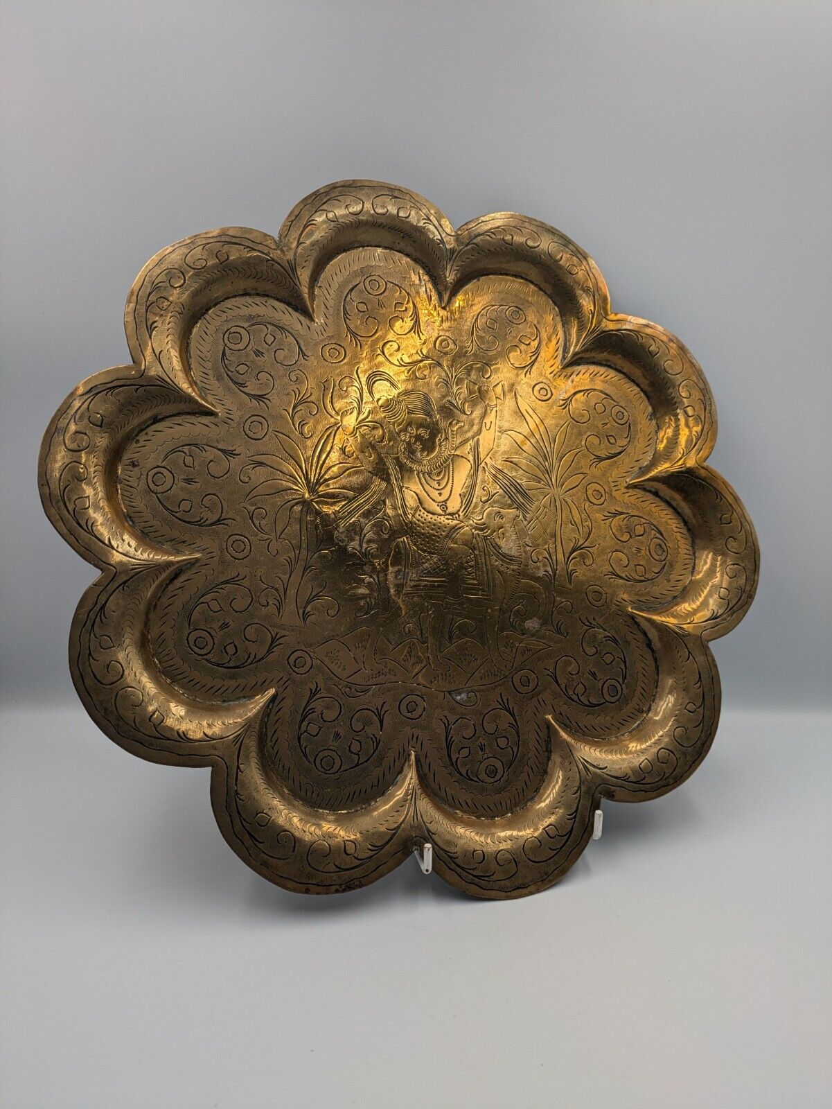 Antique Indian Hindu God Shiva Carved Plate Floral Carved Brass plate Tray Naga 