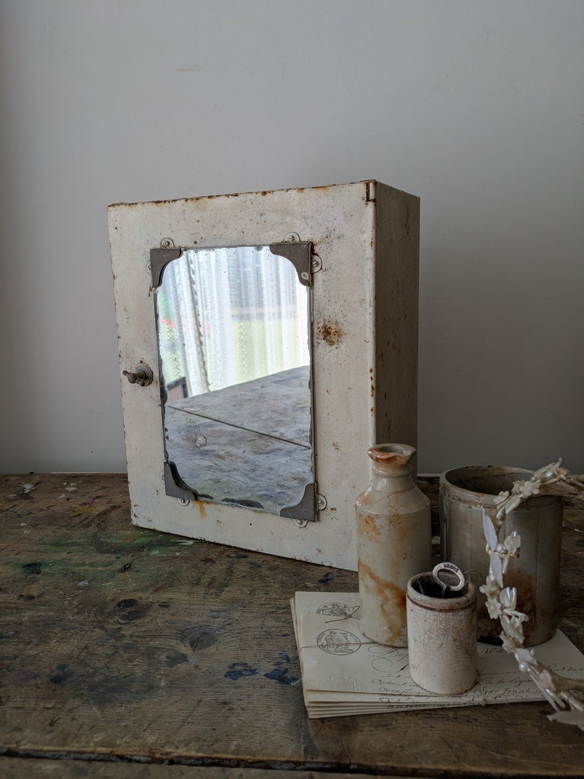 Vintage 1920s 30s Bathroom Metal Medical Wall Cabinet with Mirror Retro White 