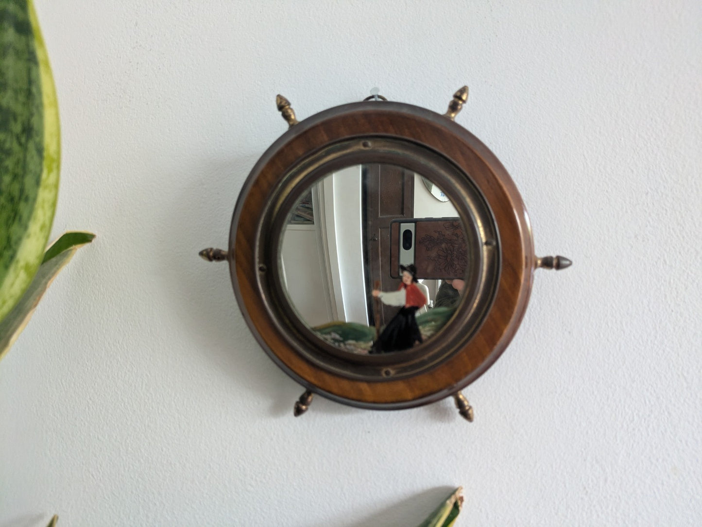 Antique Porthole Maritime Mirror Solid Oak Small Ships Wheel Nautical 1920s Vtg