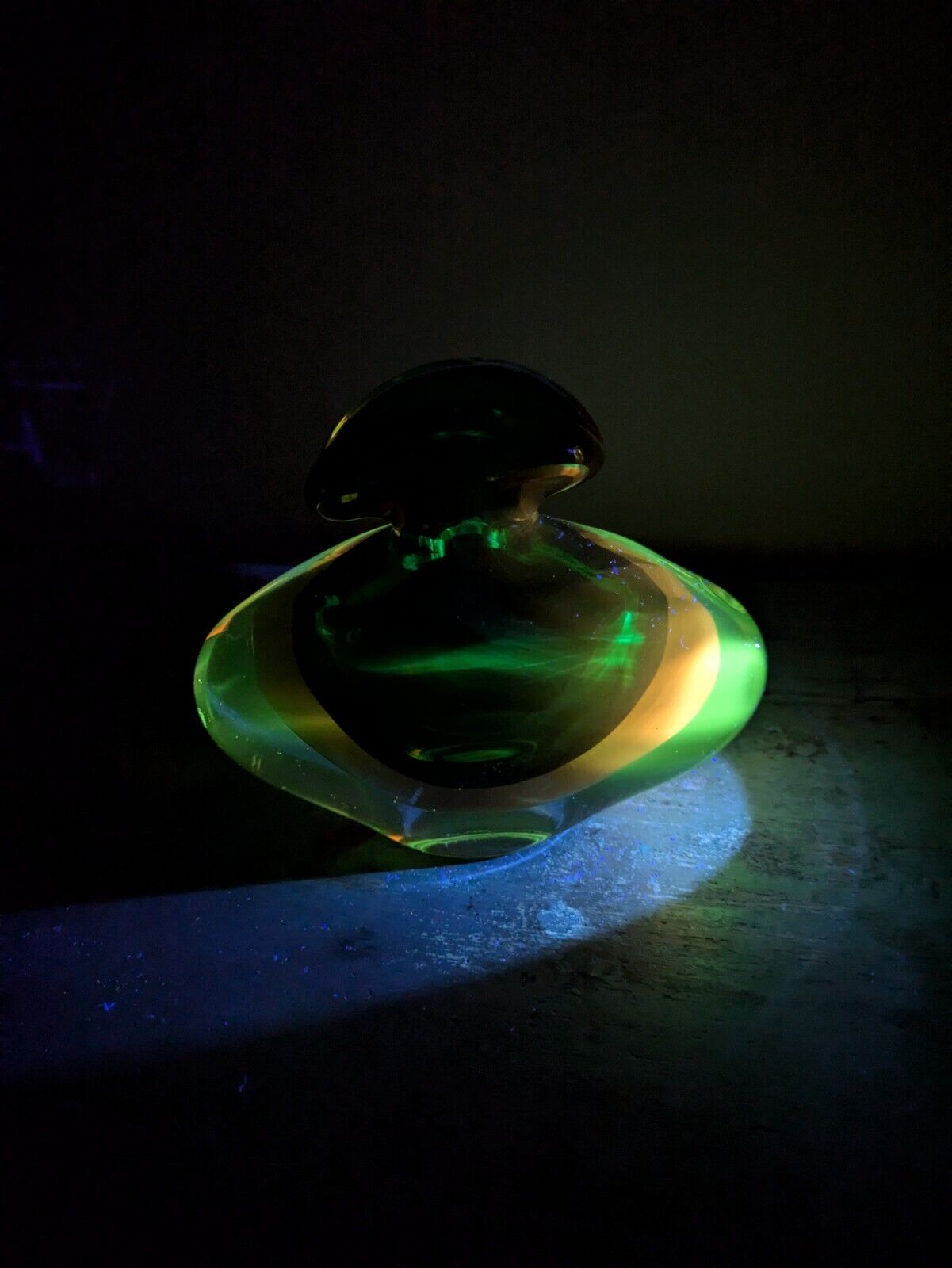 Murano Sommerso Hand Blown Art glass Green Amber Cased Italian perfume Bottle UV