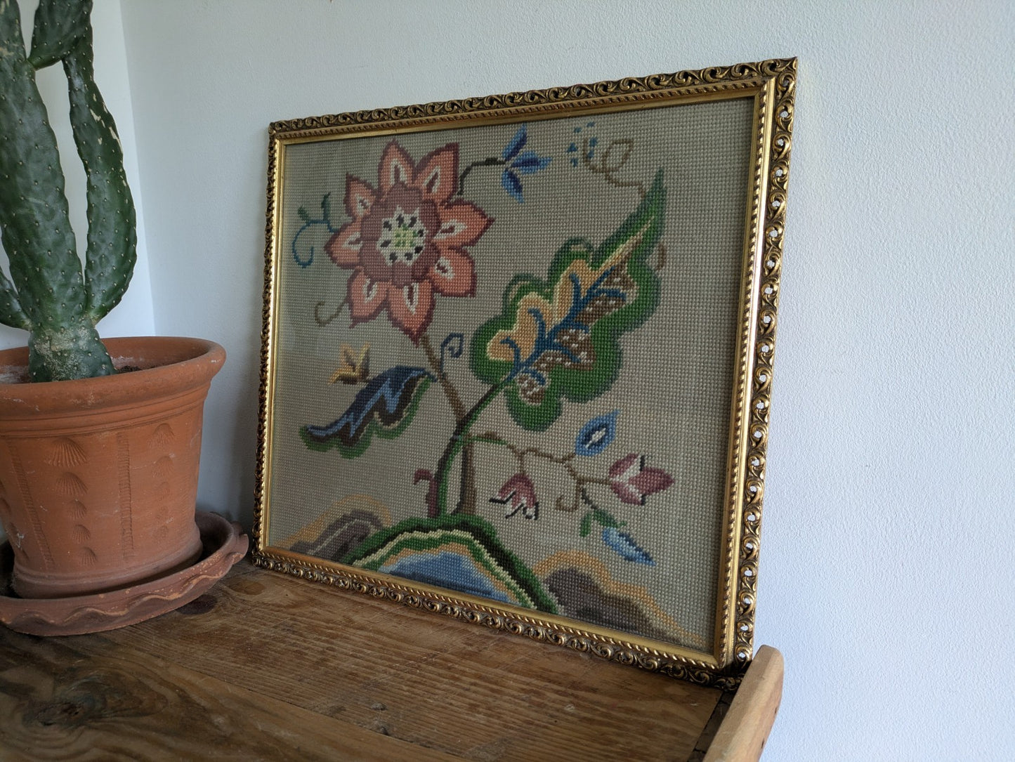 Vintage 1960s Floral Tapestry Embroidery Cross Stitch Picture Framed Tree Life