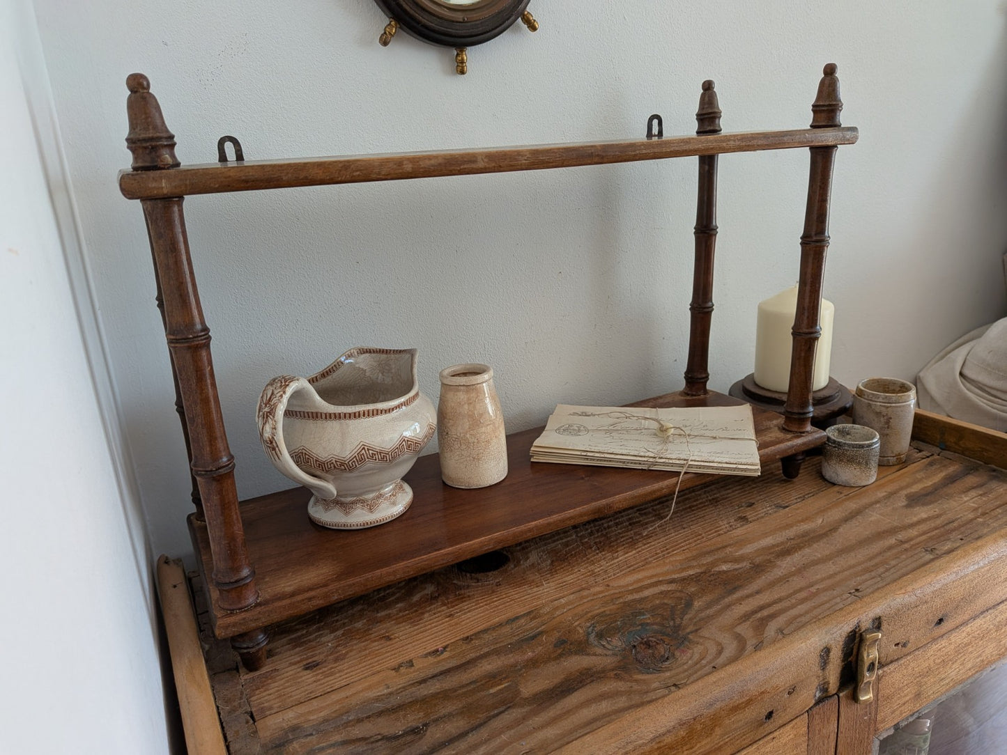 Antique Vintage French Faux Bamboo Wall Shelf Two Tier Wooden Finials Bookshelf 