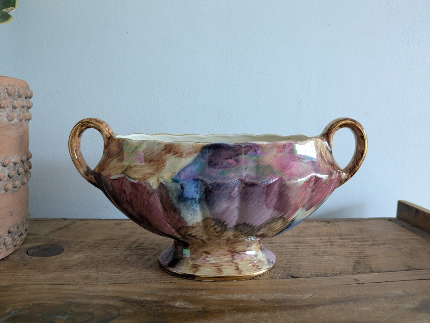 Large Lustre Ceramic Vase Old Court Ware Mantle Handled Brush Stroke Pattern Vtg
