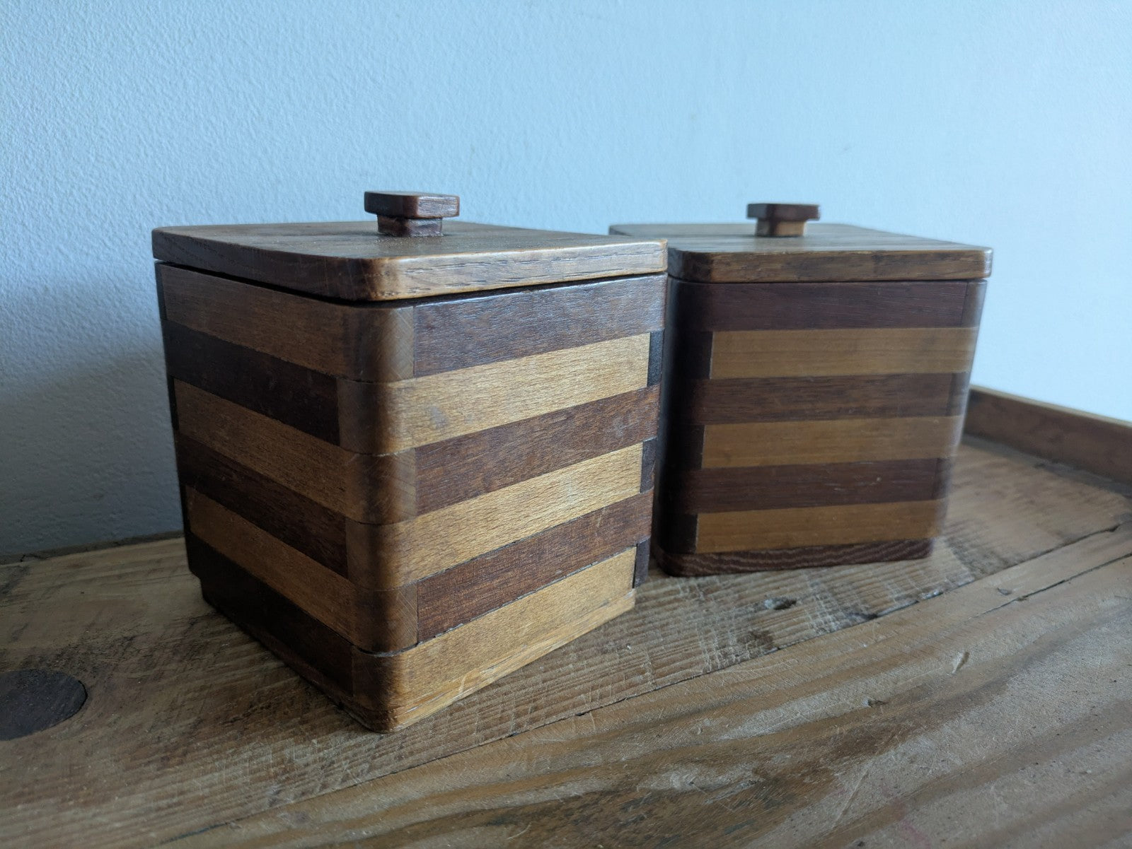 Pair Vtg Wood Two-tone Striped Kitchen Canister Caddy 1960's Mid Century Retro 